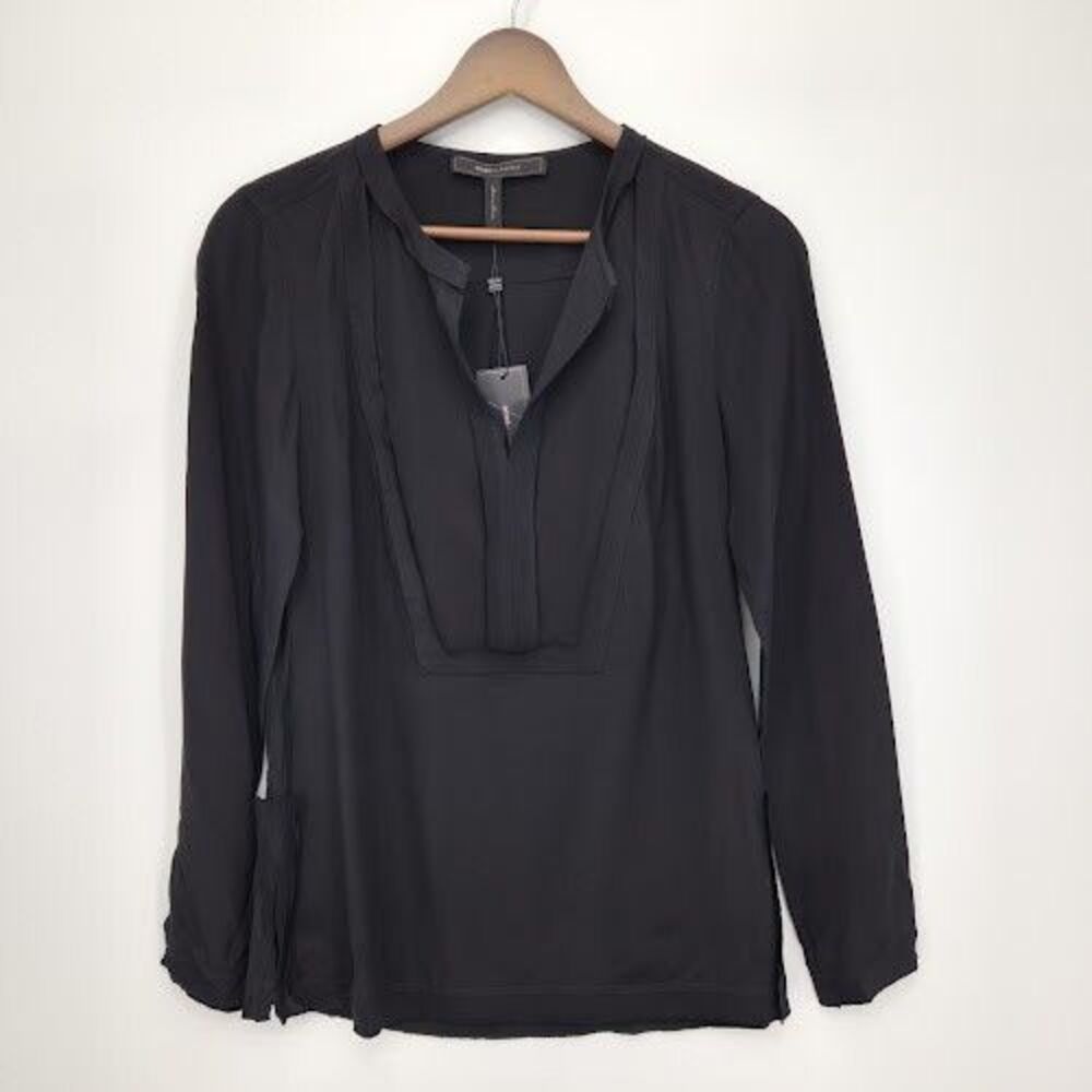 New BCBGMAXAZRIA Womens Cato Tunic Top Split Neck 100% Silk Black Size XXS